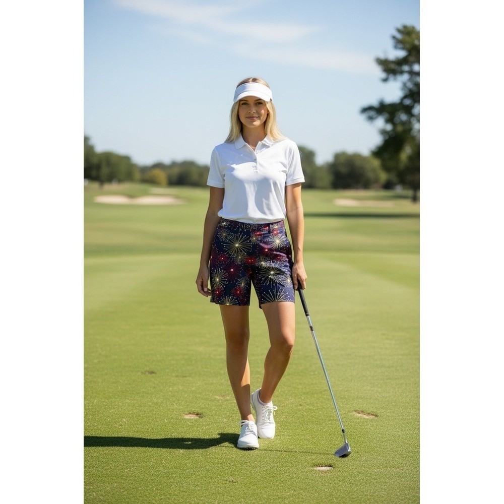 Royal & Awesome Golf Bermuda Short Womens Size 14 Navy Fireworks Print patriotic